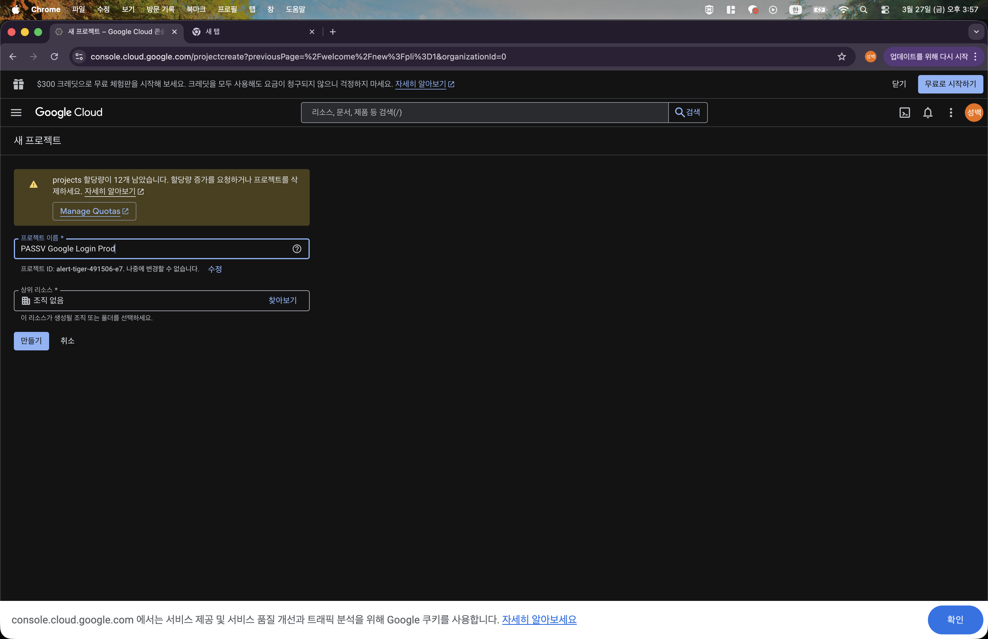 Google Cloud 프로젝트 이름 입력 완료