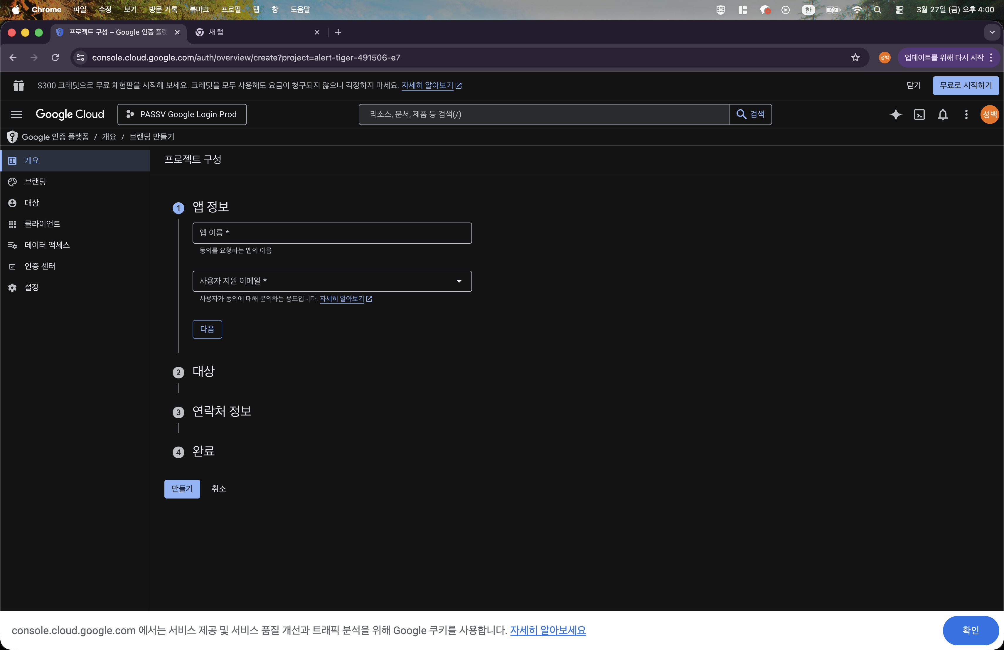 Google 인증 플랫폼 시작하기 버튼 화면